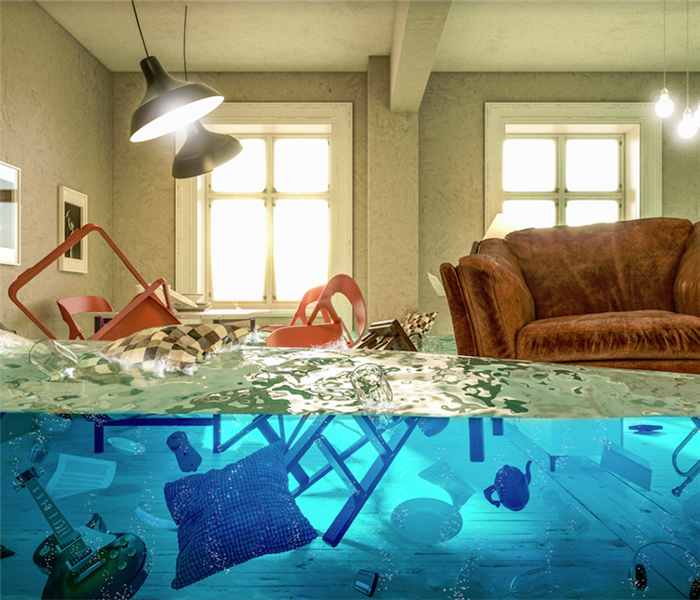 a flooded living room with everything floating in the water